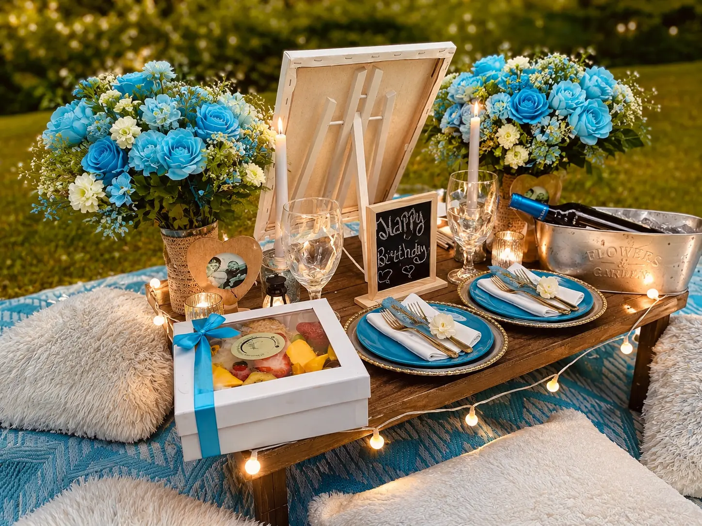 Close-up of a picnic table styled with blue roses, gold cutlery, a birthday chalkboard sign and a dessert box