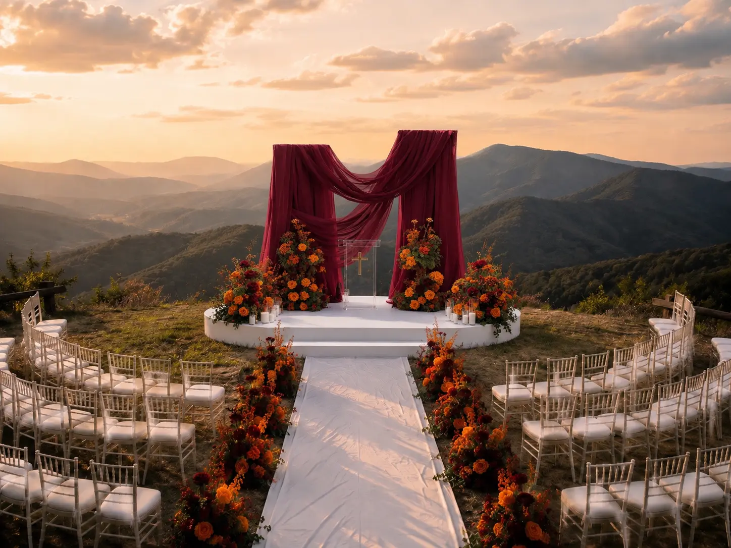 Outdoor ceremony setup with a burgundy draped arch, orange and burgundy floral arrangements, white aisle runner and chiavari chairs