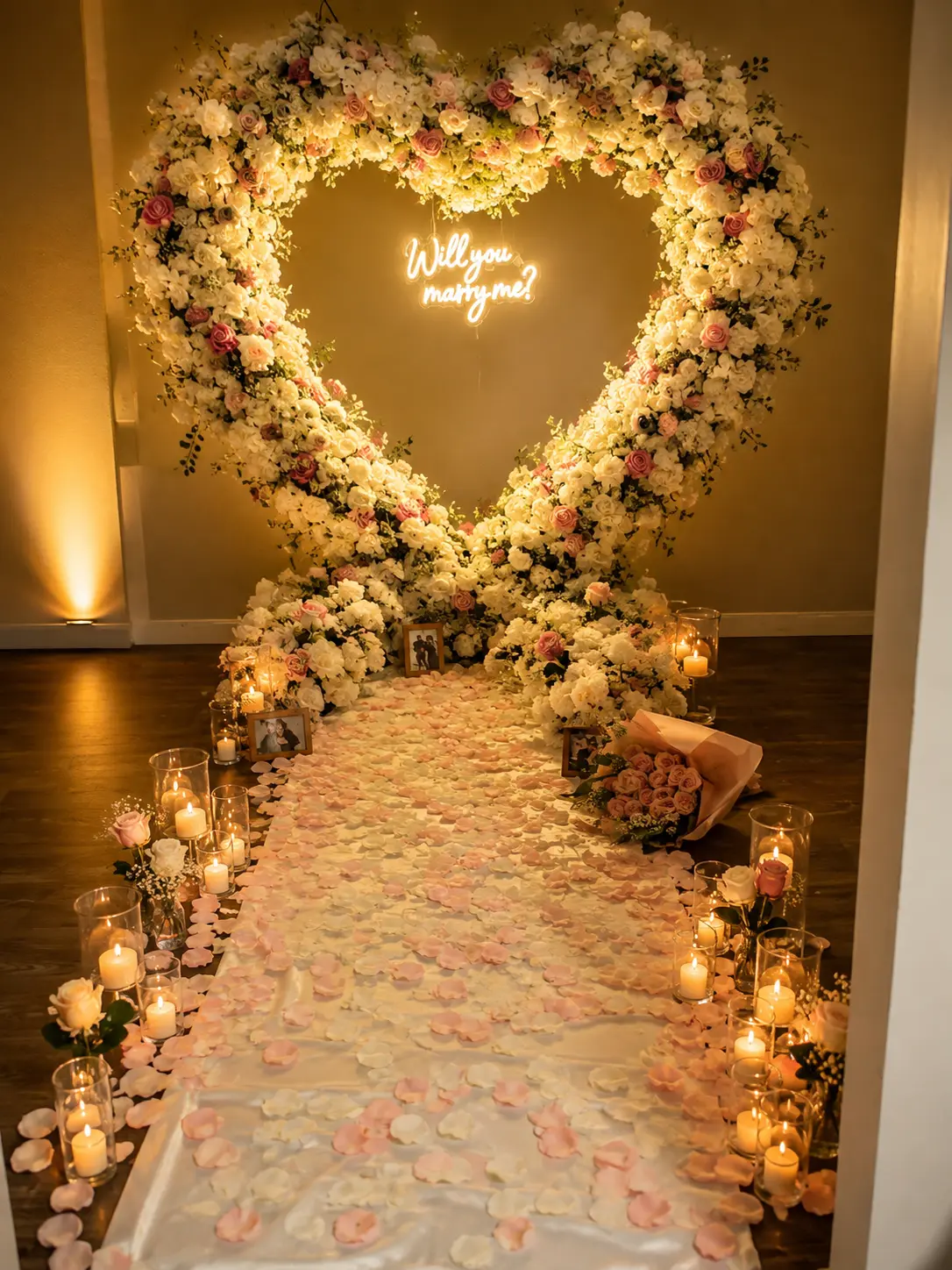 Proposal setup with a blush and ivory heart-shaped floral arch, neon will you marry me sign and a petal walkway lined with candles