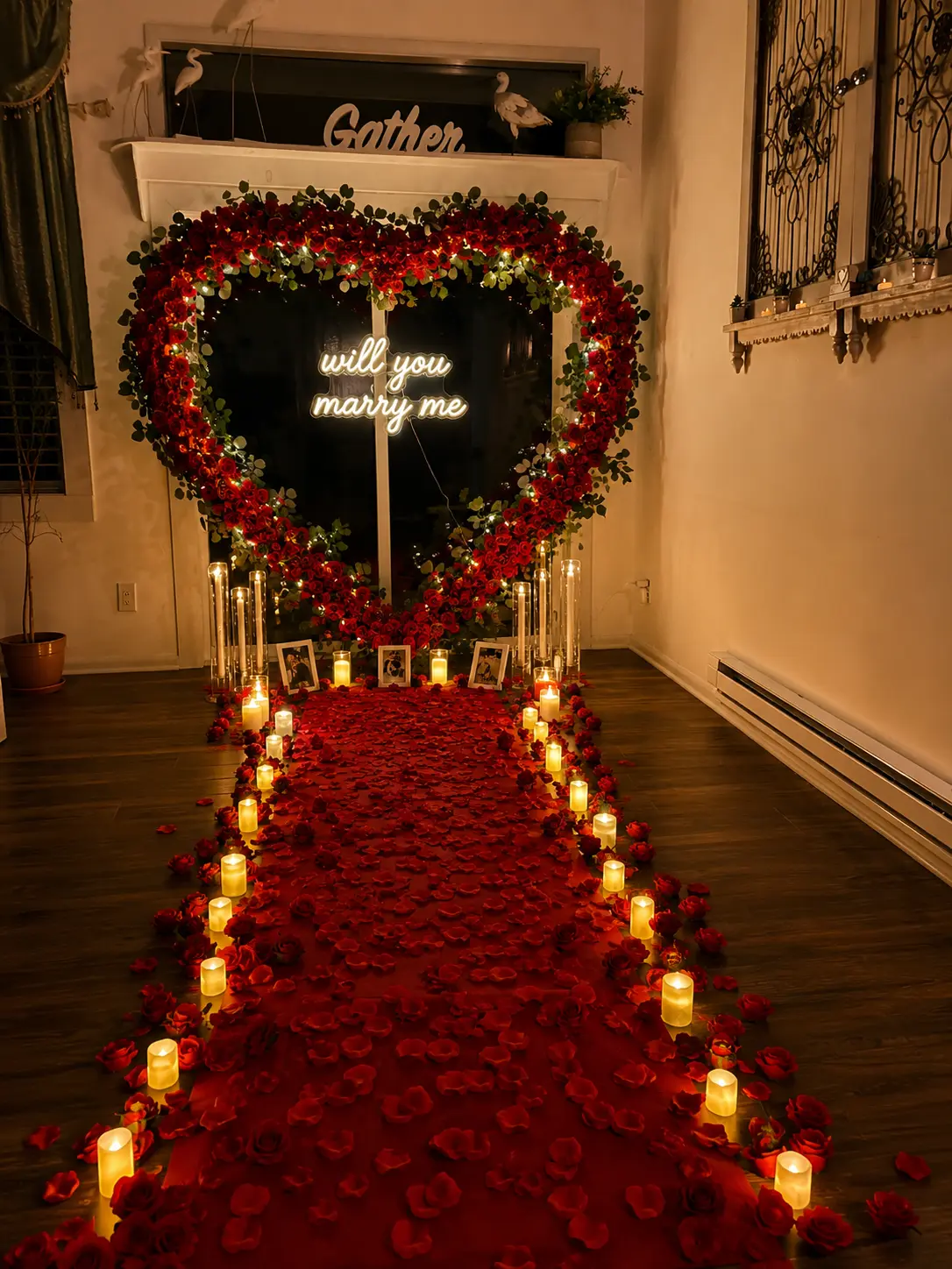 Proposal setup with a red rose heart arch, neon will you marry me sign, framed photos and a rose petal aisle of candles