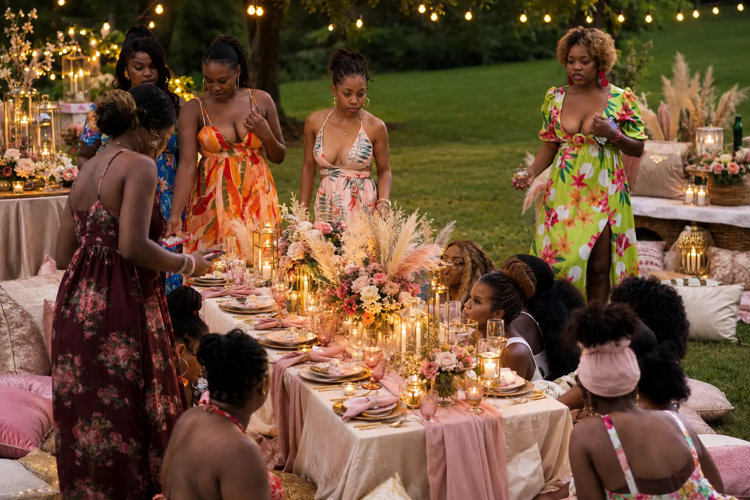 Guests gathered around a long blush picnic table styled with pampas florals, candles and gold chargers under string lights