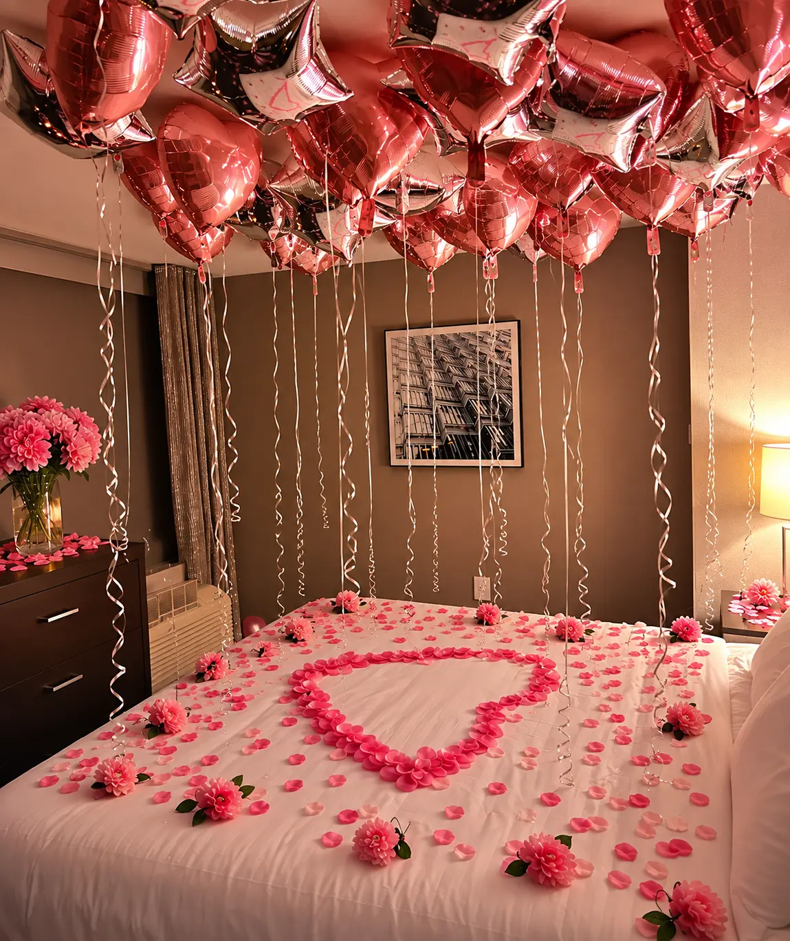 Bed styled with a pink rose petal heart, scattered petals and a ceiling of pink foil heart balloons