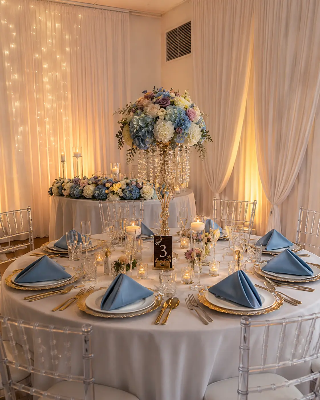 Guest table styled with dusty blue napkins, gold rimmed chargers, candlelight and a tall pastel floral centerpiece