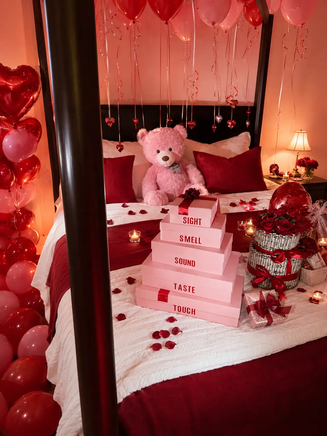 Romantic bedroom setup with pink and red balloons, rose petals and stacked gift boxes on a styled bed