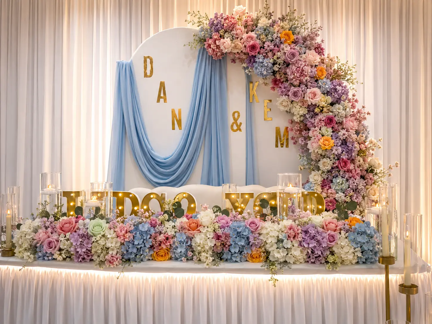 Sweetheart table styling with a curved white backdrop, pastel floral cascade, soft blue draping, gold marquee letters and candles