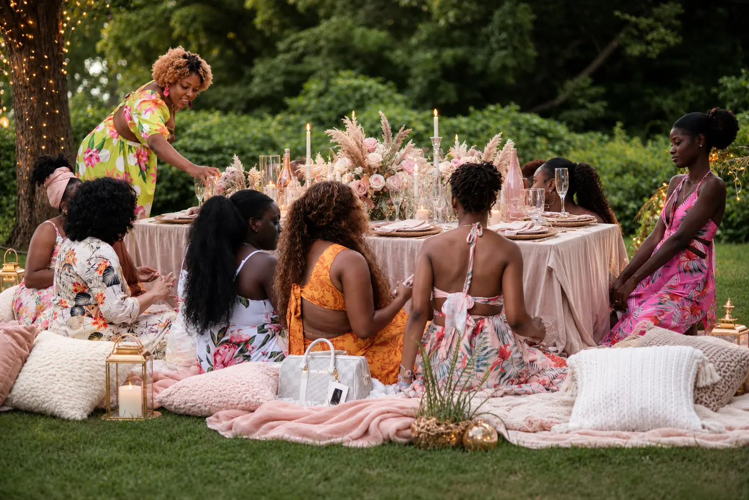 Outdoor picnic lounge with floor cushions, blush blankets, lanterns and a floral tablescape at dusk
