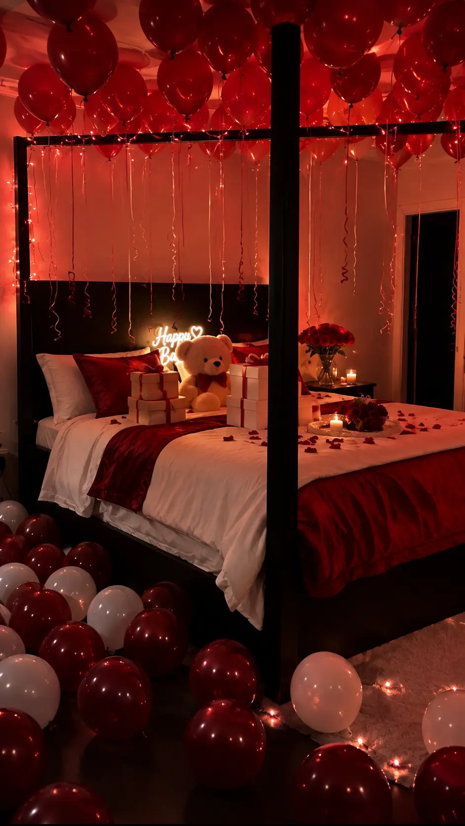 Bedroom styled with a red balloon ceiling, string lights, rose petals and a gift display on the bed