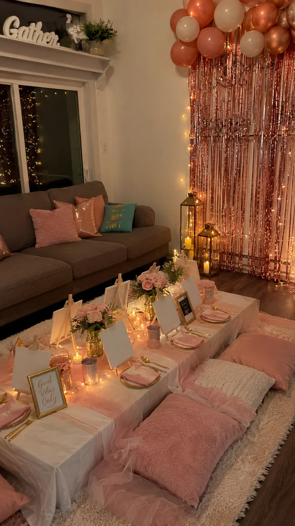 Indoor picnic setup with a low table, blush linens, rose centerpieces, candles and a rose gold fringe backdrop