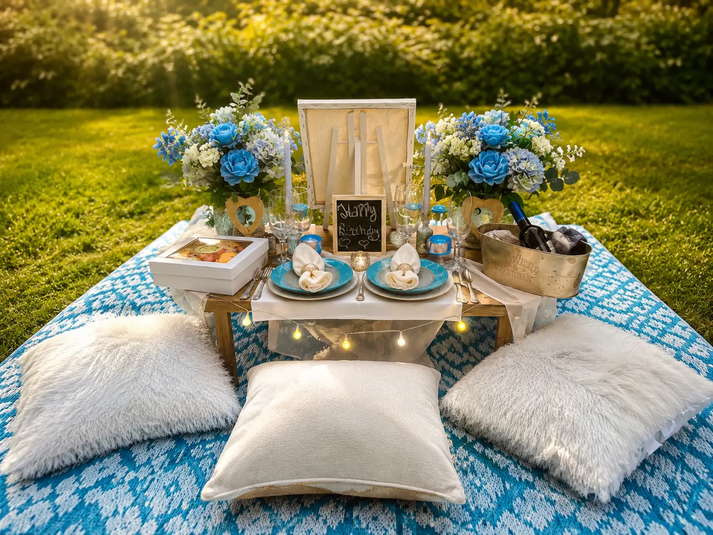 Outdoor picnic setup on a blue rug with a low wooden table, blue florals, candles and plush floor cushions