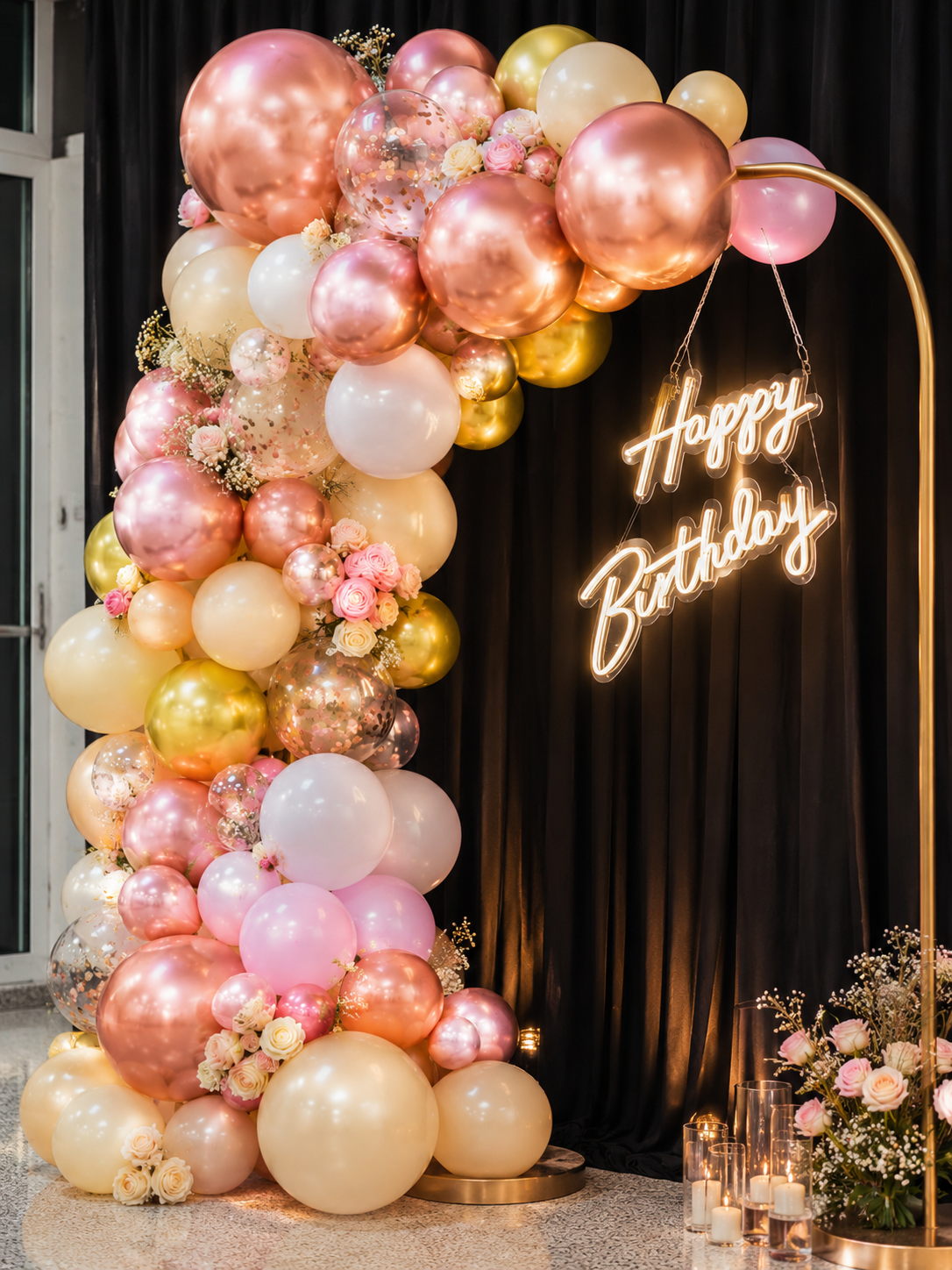 Birthday setup with a rose gold, blush and cream balloon arch, illuminated Happy Birthday neon sign, roses and pillar candles