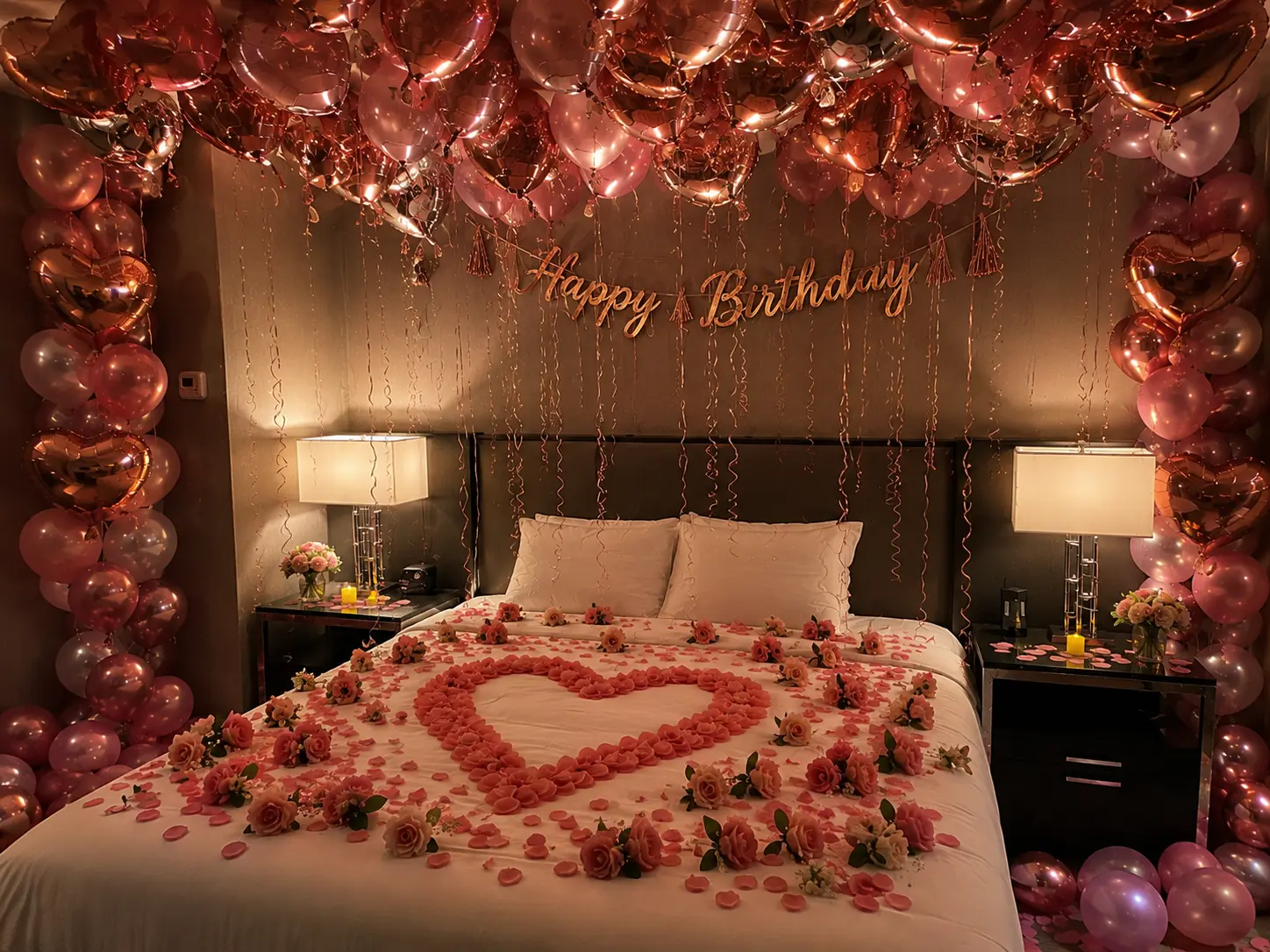 Birthday bedroom setup with rose gold balloon ceiling, script banner and a rose petal heart on the bed